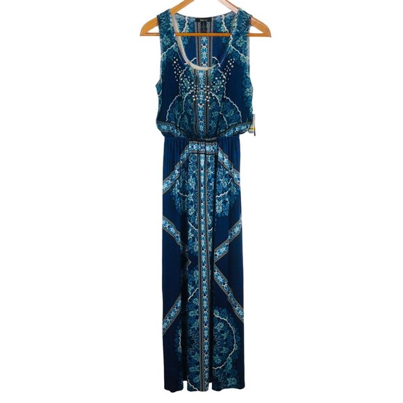New Style Co Sleeveless Maxi Dress Sz Medium Blue Mandala Print Studded Detail - Picture 1 of 12